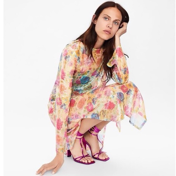 Zara Floral Print Sequin Midi Long Sleeve Dress - Picture 6 of 9